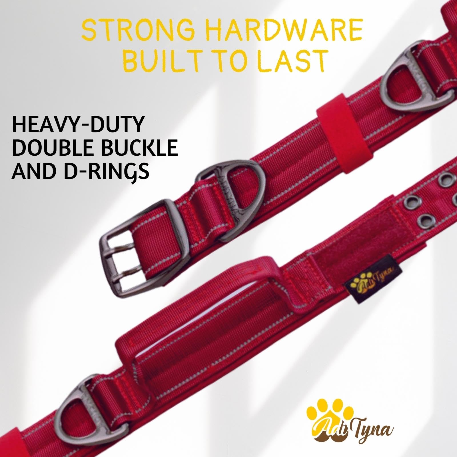 Adityna Heavy Duty Dog Collar For Medium Dogs - Reflective Burgundy Collar With Handle For Training, And Walking - Wide, Thick,